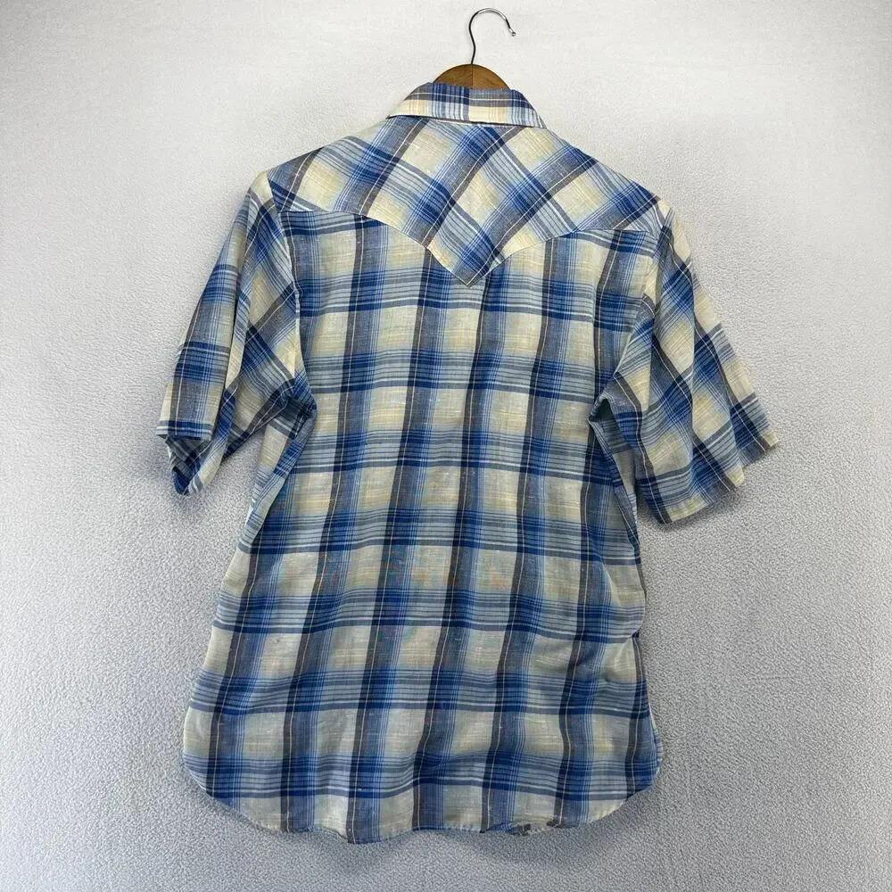 Vintage Levis Shirt Men's Medium Blue Western Pearl Snap Sawtooth Pockets 80s